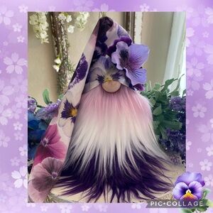 💜Purple Pansies Flower Gnome, Spring Gnome , Easter Gnome, Tiered Tray Decor
